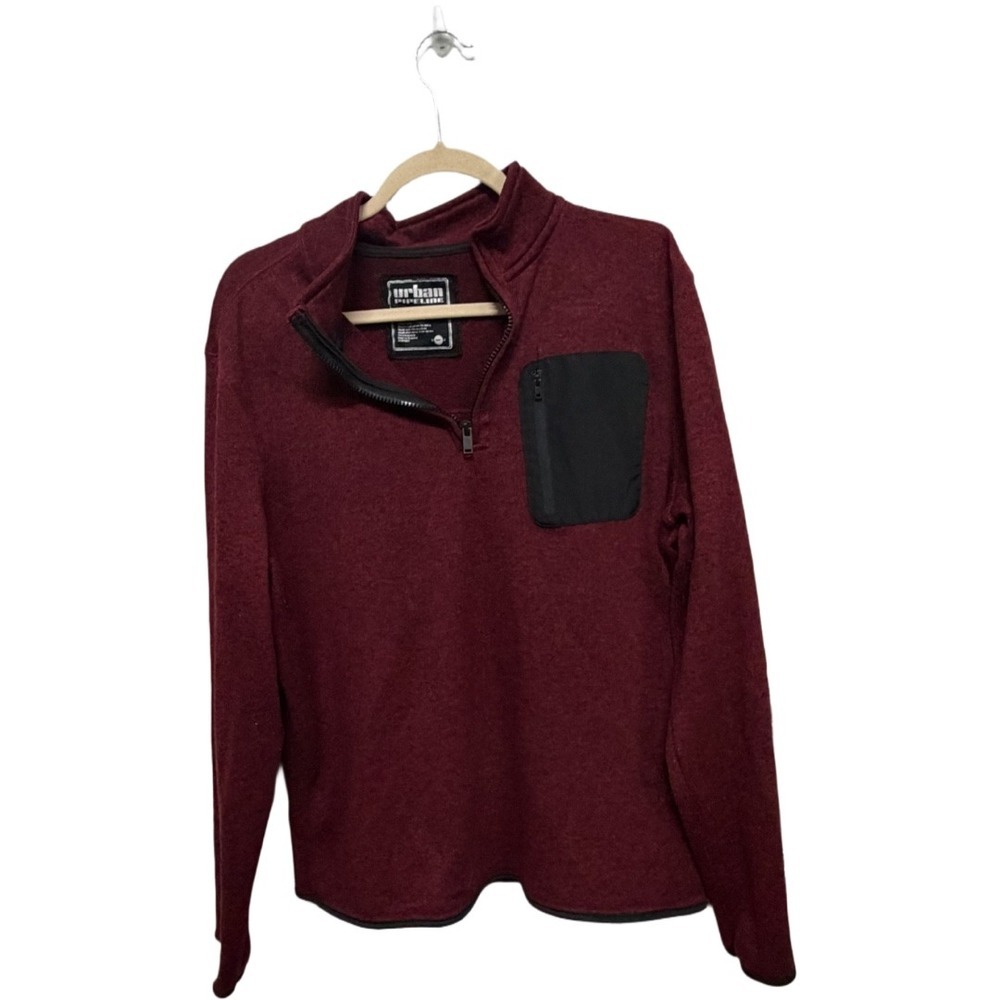 Urban Pipeline Men's Quarter Zip Pullover Sweater XL Burgundy Fleece Pocket